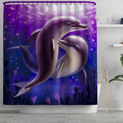 Purpura delfīnu ūdensizturīgs mājsaimniecības vannas istabas dušas aizkaru poliestera audums pārklāts 4 reizes