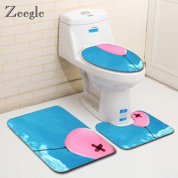 Zeegle Heart Printed 3Pcs Подложки за тоалетна Килим за баня Противоплъзгащи се подложки за баня Килими за баня Абсорбиращи килими за баня Подложки за душ