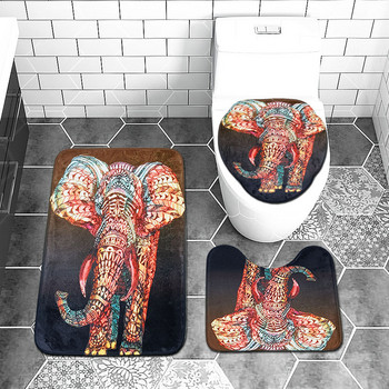 Zeegle 3 бр. Комплект постелки за баня 3D отпечатан слон Подложка за баня Неплъзгащ се килим за баня Фланелени постелки за тоалетна Комплекти килими за баня