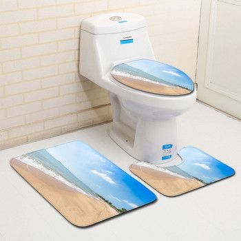 Zeegle 3D Beach Pattern Комплект постелки за баня Капак Покривало за тоалетна Микрофибърна подложка за душ Нехлъзгащо се тоалетно килимче Подложка за крака в банята Меко килимче за под