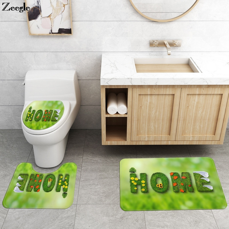 Zeegle 4PCS Set prostirki za kupaonicu Grass Letter Carpet Rug Set kupaonskih prostirki Set prostirki za WC školjku Protuklizni podni tepih za kupaonicu