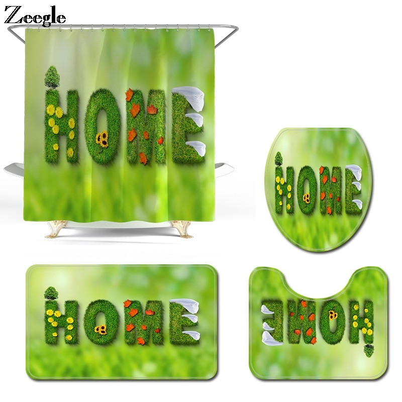 Zeegle 4PCS Set prostirki za kupaonicu Grass Letter Carpet Rug Set kupaonskih prostirki Set prostirki za WC školjku Protuklizni podni tepih za kupaonicu
