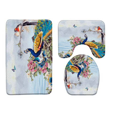 3 τμχ/Σετ Flower Bird Pattern Σετ χαλάκι μπάνιου Peacock Koi Floral Plant Water Scenery διακόσμηση μπάνιου Αντιολισθητικό χαλί τουαλέτας