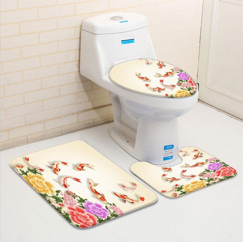 3 τμχ/Σετ Flower Bird Pattern Σετ χαλάκι μπάνιου Peacock Koi Floral Plant Water Scenery διακόσμηση μπάνιου Αντιολισθητικό χαλί τουαλέτας