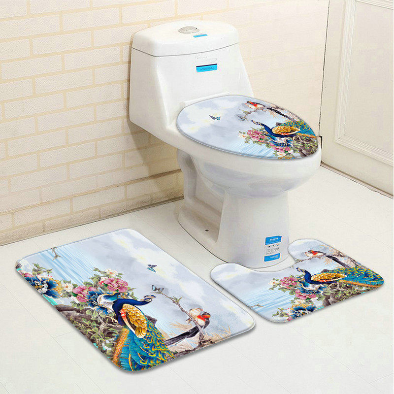3 τμχ/Σετ Flower Bird Pattern Σετ χαλάκι μπάνιου Peacock Koi Floral Plant Water Scenery διακόσμηση μπάνιου Αντιολισθητικό χαλί τουαλέτας