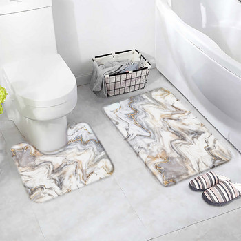 Комплект абстрактни мраморни постелки за баня със сив текстуриран модел Модерен луксозен килим за домашен под Баня Декоративен неплъзгащ се килим Подложки с U-образна форма