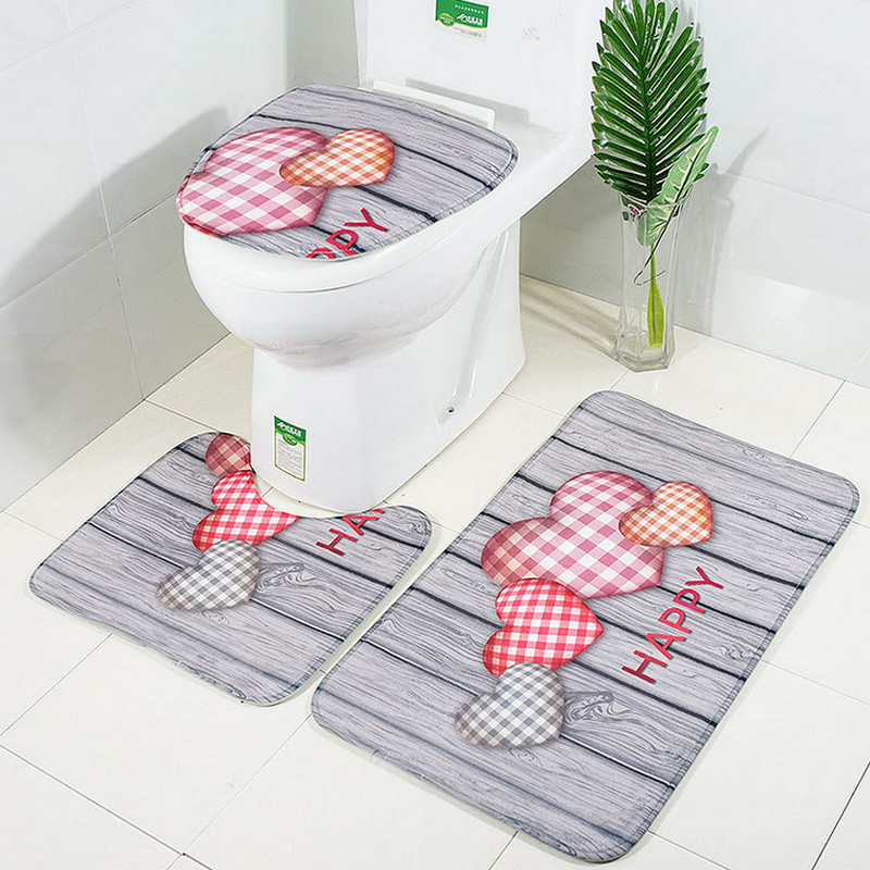 3 Stuk Badkamer Tapijt Set Non Slip Liefde Hart Print Bad Contour Mat U-vormige Wc Tapijt Wc Deksel Cover Set Douche Accessoires