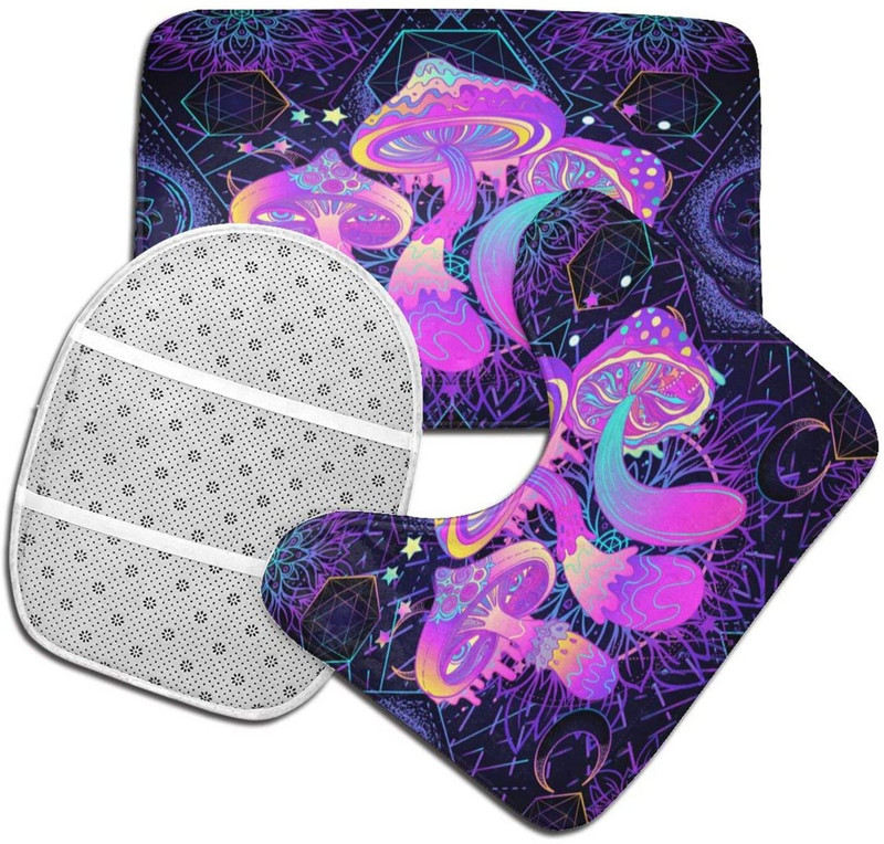 Vannas paklājs vannas istabas paklājiem Trippy Magic Mushrooms Sacred Mystic komplekti 3 gab Dušas paklājiņi Memory Foam Neslīdošs tualetes vannas grīdas paklājs