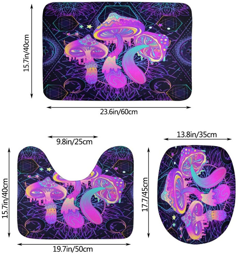 Vannas paklājs vannas istabas paklājiem Trippy Magic Mushrooms Sacred Mystic komplekti 3 gab Dušas paklājiņi Memory Foam Neslīdošs tualetes vannas grīdas paklājs
