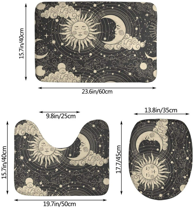 Prostirka za kupaonicu za kupaonske prostirke Tarot Sun Moon Witchy Night Setovi 3-dijelne prostirke za tuširanje Memorijska pjena koja ne klizi WC kada Podna prostirka Mekana