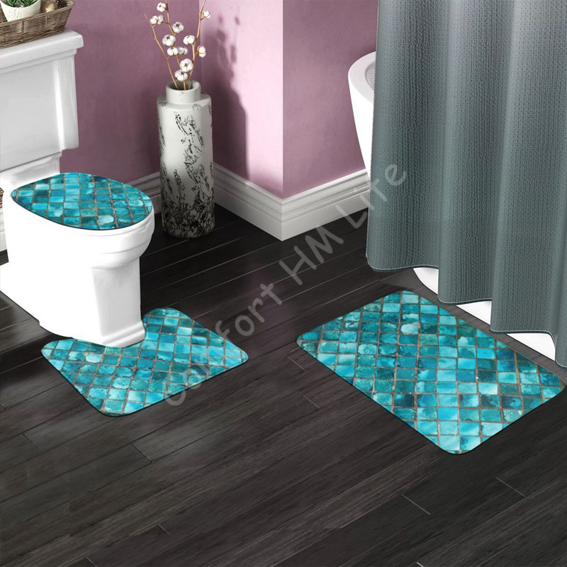 Tirkīza zils 3 gab. Tualetes pārvalks Neslīdošs paklājiņš Vannas istabas paklāju komplekts Mīksts tualetes sēdekļa vannas paklāja komplekts Piederumi vannas istabas dekorēšanai