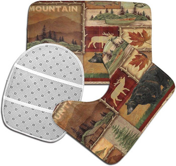 Rustic Lodge Bear Moose Подложки за килими за баня Комплект от 3 части Постелки за баня Контурен килим Покривало на капака на тоалетната с неплъзгаща се подложка