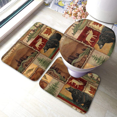 Rustic Lodge Bear Moose Kupaonski prostirke od 3 komada Komplet prostirki za kupaonicu Contour Rug Navlaka za poklopac WC školjke s neklizajućom podlogom