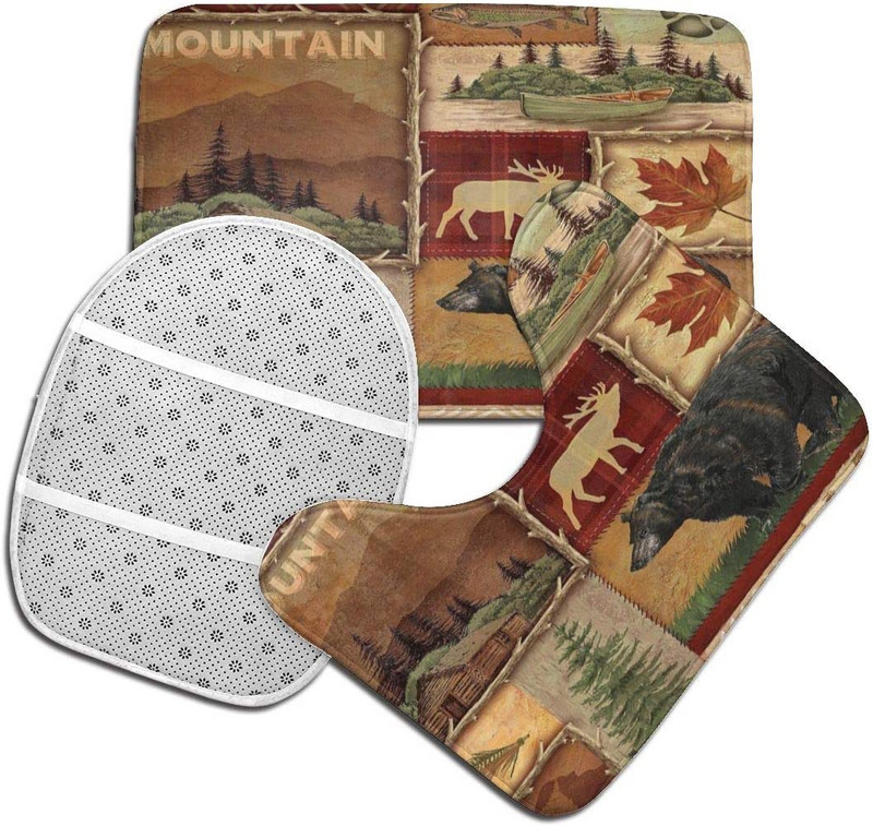Rustic Lodge Bear Moose Kupaonski prostirke od 3 komada Komplet prostirki za kupaonicu Contour Rug Navlaka za poklopac WC školjke s neklizajućom podlogom