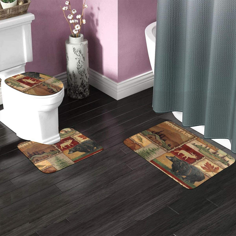 Rustic Lodge Bear Moose Kupaonski prostirke od 3 komada Komplet prostirki za kupaonicu Contour Rug Navlaka za poklopac WC školjke s neklizajućom podlogom