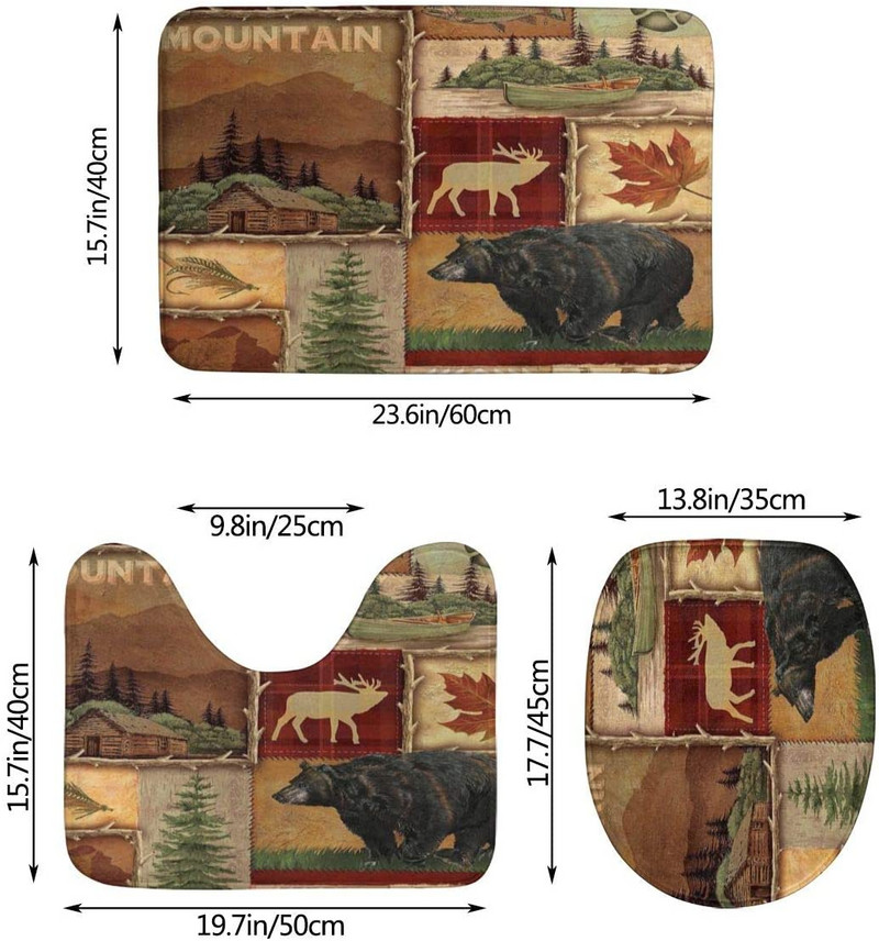 Rustic Lodge Bear Moose Kupaonski prostirke od 3 komada Komplet prostirki za kupaonicu Contour Rug Navlaka za poklopac WC školjke s neklizajućom podlogom