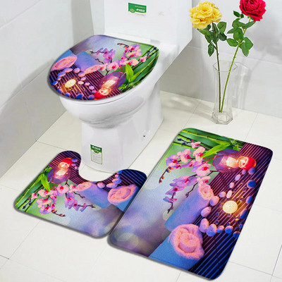 Purpura Orchid Zen vannas paklājiņi 3gab komplekts balts sveces melns masāžas akmens spa durvju paklājs mājas vannas istabas dekors, neslīdošs tualetes pārklāja paklājiņš