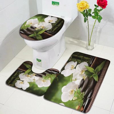 Purpura Orchid Zen vannas paklājiņi 3gab komplekts balts sveces melns masāžas akmens spa durvju paklājs mājas vannas istabas dekors, neslīdošs tualetes pārklāja paklājiņš