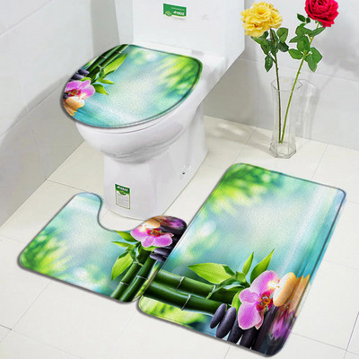 Purpura Orchid Zen vannas paklājiņi 3gab komplekts balts sveces melns masāžas akmens spa durvju paklājs mājas vannas istabas dekors, neslīdošs tualetes pārklāja paklājiņš