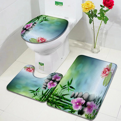 Purpura Orchid Zen vannas paklājiņi 3gab komplekts balts sveces melns masāžas akmens spa durvju paklājs mājas vannas istabas dekors, neslīdošs tualetes pārklāja paklājiņš