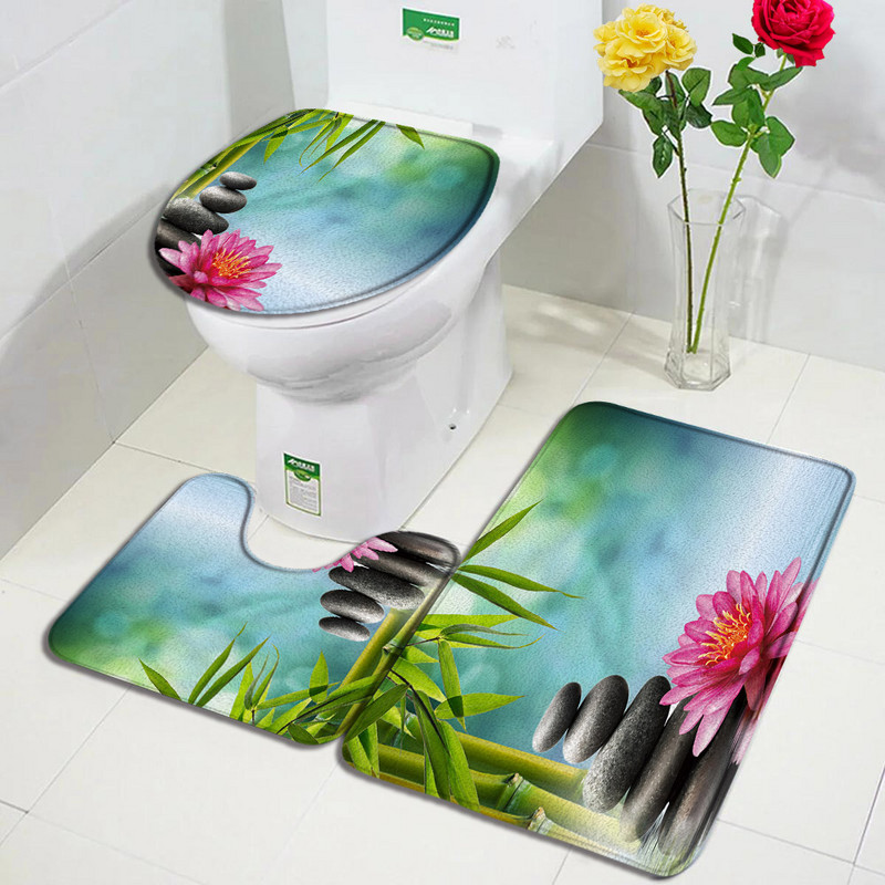 Purpura Orchid Zen vannas paklājiņi 3gab komplekts balts sveces melns masāžas akmens spa durvju paklājs mājas vannas istabas dekors, neslīdošs tualetes pārklāja paklājiņš