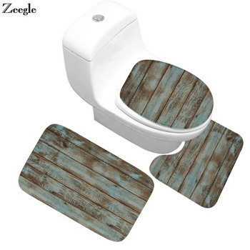 Zeegle Wood Printed 3Pcs Подложка за баня Неплъзгащи се Подложки за баня Комплект постелки за баня Абсорбираща подложка за тоалетна Комплект килими за баня