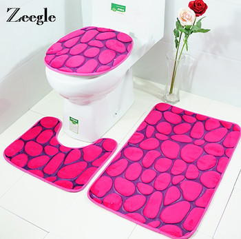 Zeegle 3D Stone Printed 3 τμχ/σετ Πατάκια για μπάνιο και τουαλέτα Coral fleece Πατάκια μπάνιου Χαλιά δαπέδου Χαλί μπάνιου