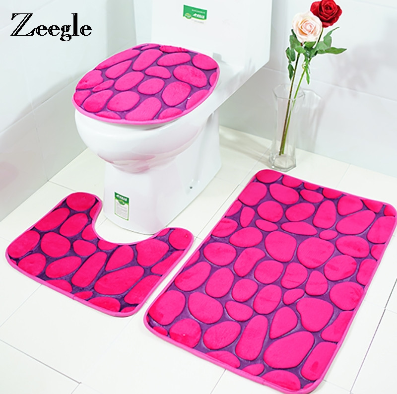 Zeegle 3D Stone Printed 3gab/komplekts Paklājiņi vannas istabai un tualetei Coral Fleece tualetes paklājiņi Vannas istabas paklāji Grīdas paklāji Vannas istabas paklājs