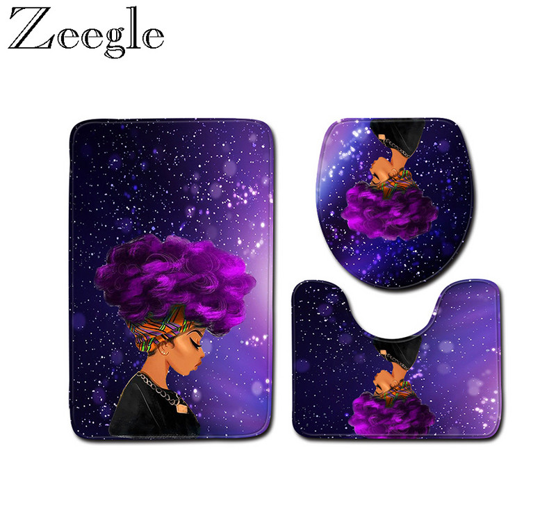 Zeegle Africa Woman Pattern 3gab vannas paklājiņu komplekts Vannas istabas paklāju komplekts Neslīdoši paklājiņi vannas istabai tualetes vannas paklāji Mīksti vannas istabas paklāji