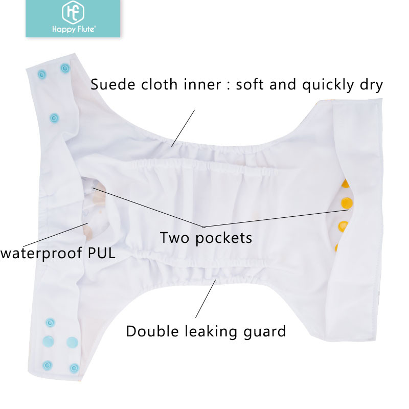 Īsts! Happy Flute OS zamšādas auduma kabatas bērnu auduma autiņš ar divām kabatām un dubultu aizdari