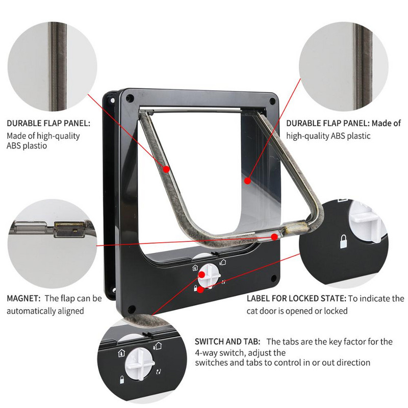 Preklopna vrata za mačke s 4 smjerna sigurnosna preklopna vrata za mačiće, pse, štence, Sigurnosna inteligentna kontrola, vrata za kućne ljubimce