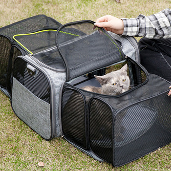 Επεκτάσιμη τσάντα μεταφοράς κατοικίδιων ζώων Μαλακή τσάντα ταξιδιού για κατοικίδια με πλαϊνή τσέπη Αναπνεύσιμη τσάντα μεταφοράς σκύλου με διπλά επεκτεινόμενα κουτιά