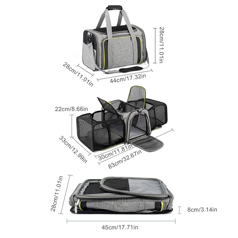 Proširiva nosiljka za kućne ljubimce Sklopiva mekana putna torba za kućne ljubimce s bočnim džepom Prozračna torba za nošenje pasa s dvostrukim kutijama koje se mogu produžiti