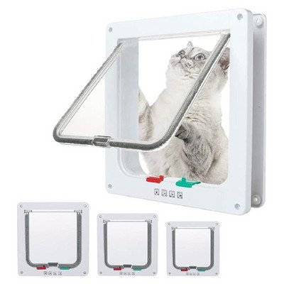 Cat Flap Door For Interior Exterior 4 Way Locking Pet Doors White for Cats/ Small Dog Pet Gate Door Kit