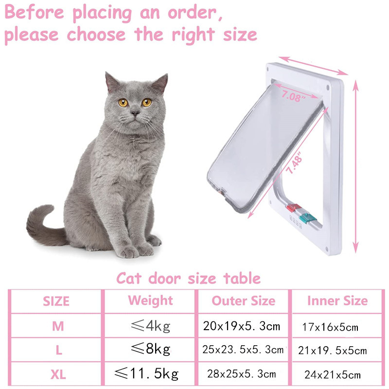 Kaķu atloku durvis iekštelpām ārdurvīm, četrvirzienu bloķēšanas mājdzīvnieku durvis, baltas kaķiem/maza suņa mājdzīvnieka vārtu komplekts