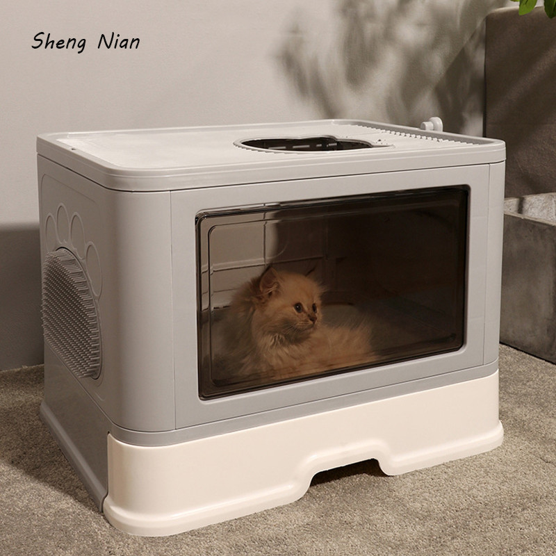 Kvadrātveida, pilnībā slēgta kaķu pakaišu kaste Spēcīga, izturīga, liela telpa, pretšļakatu kaķēnu tualete Forša kaķu māja ar atvilktni