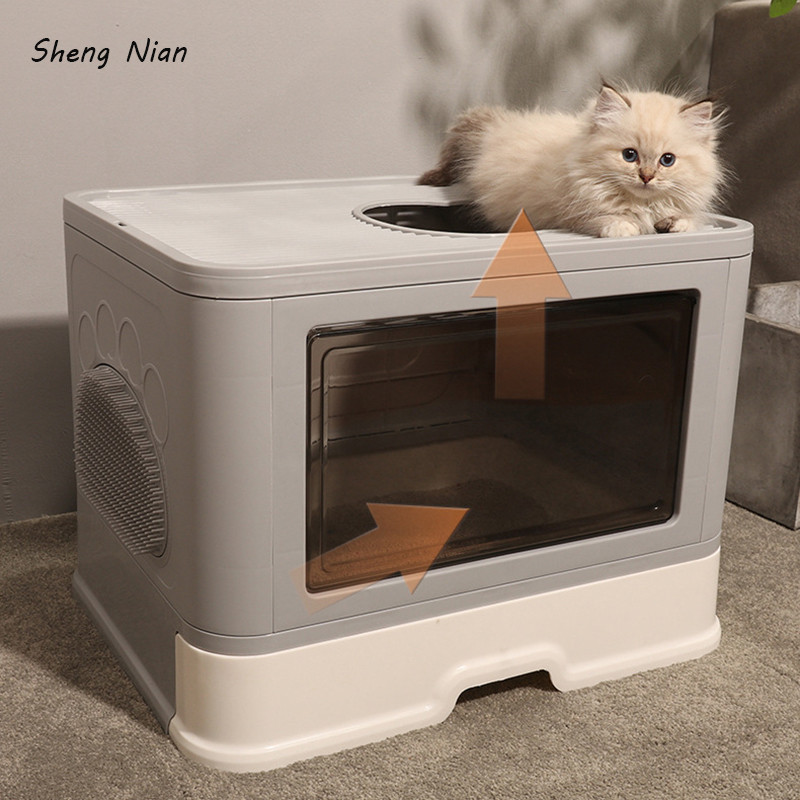 Kvadrātveida, pilnībā slēgta kaķu pakaišu kaste Spēcīga, izturīga, liela telpa, pretšļakatu kaķēnu tualete Forša kaķu māja ar atvilktni