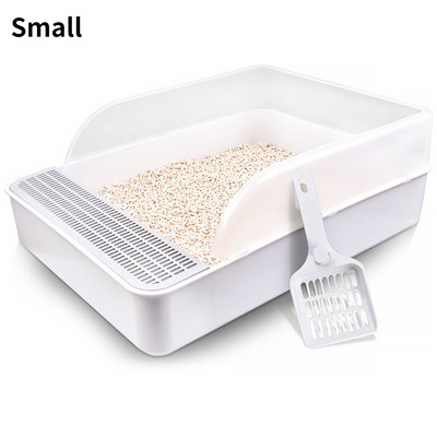 Daļēji atvērta kaķu pakaišu paplātes kaste Atvērta kaķu pakaišu kaste pret šļakatām augstā sānu sijāšanas pakaišu kaste ar pakaišu sijāšanas liekšķeri