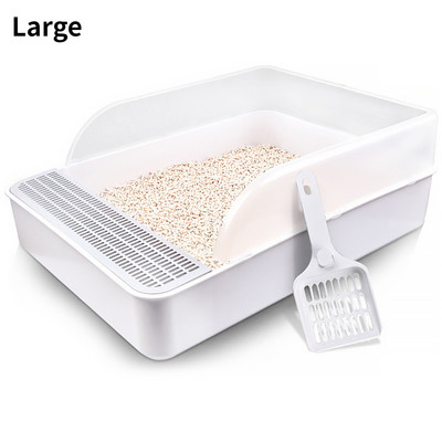 Daļēji atvērta kaķu pakaišu paplātes kaste Atvērta kaķu pakaišu kaste pret šļakatām augstā sānu sijāšanas pakaišu kaste ar pakaišu sijāšanas liekšķeri