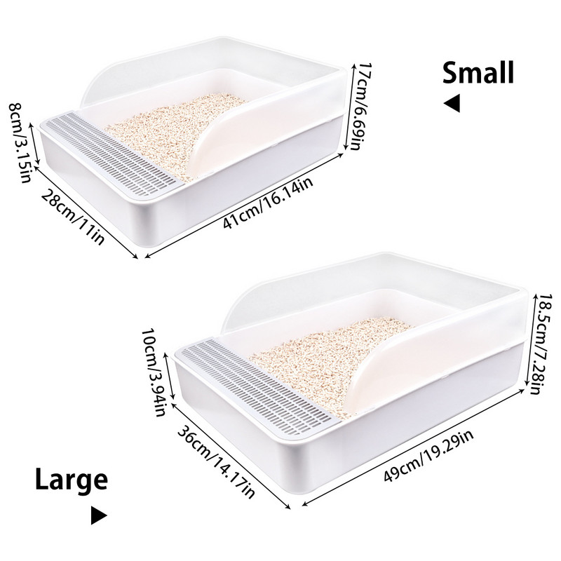 Daļēji atvērta kaķu pakaišu paplātes kaste Atvērta kaķu pakaišu kaste pret šļakatām augstā sānu sijāšanas pakaišu kaste ar pakaišu sijāšanas liekšķeri