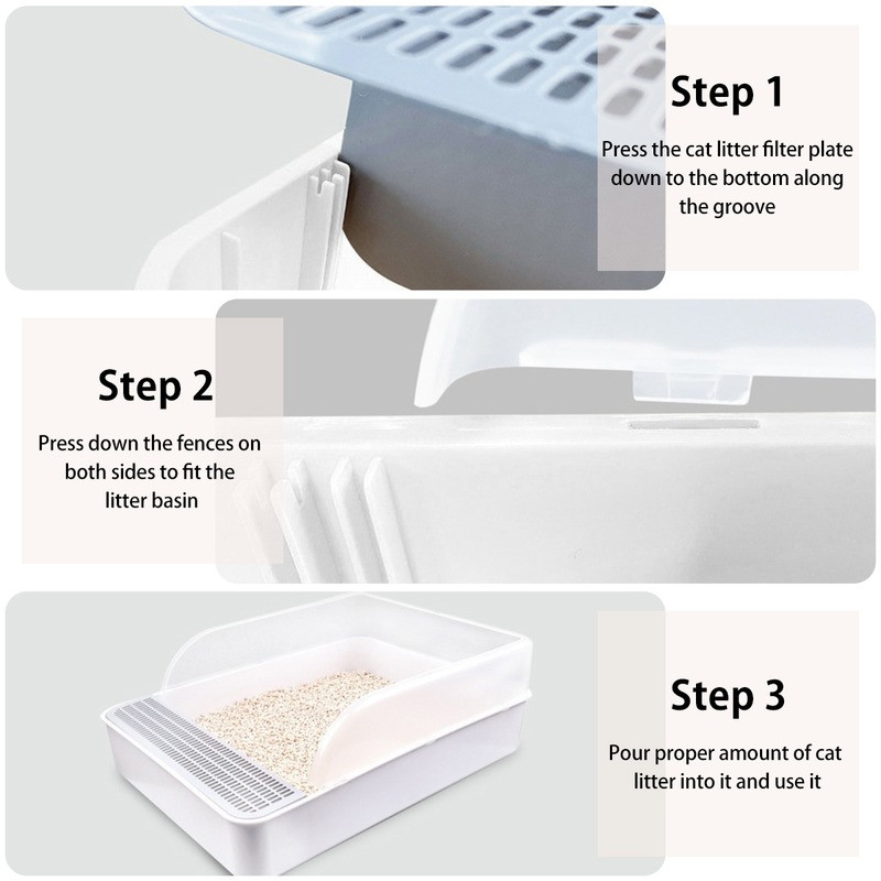 Mājdzīvnieku kaķu daļēji atvērti gultas trauki Plastmasas kaķu pakaišu paplātes kaste Pretšļakatu sijāšanas pakaišu kaste ar pakaišu sijāšanas liekšķeri