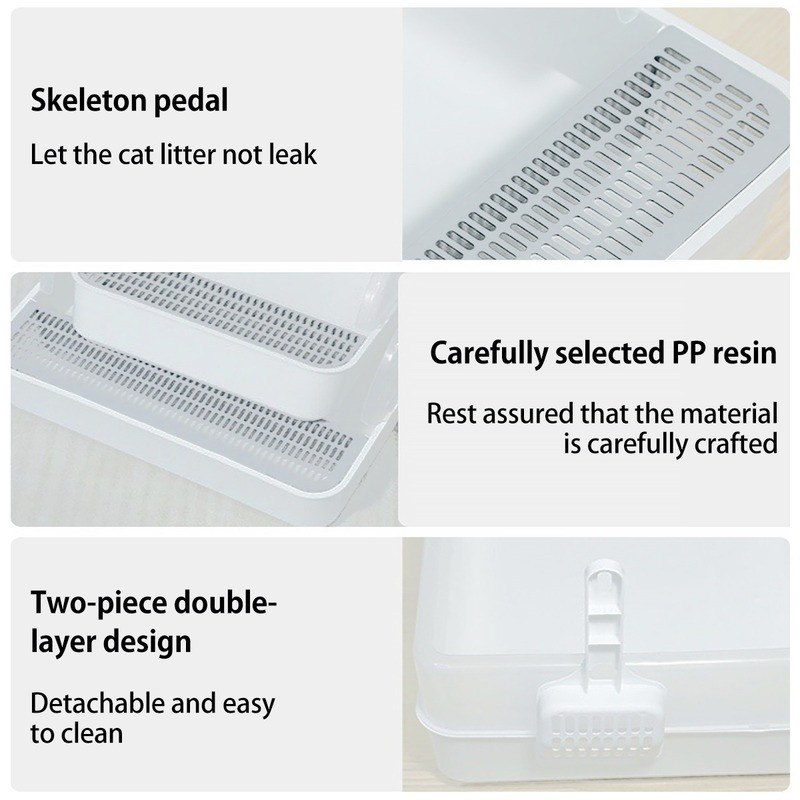 Mājdzīvnieku kaķu daļēji atvērti gultas trauki Plastmasas kaķu pakaišu paplātes kaste Pretšļakatu sijāšanas pakaišu kaste ar pakaišu sijāšanas liekšķeri