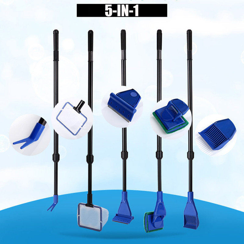 6-IN-1 Akvārija tīrīšanas rīku komplekti Zivju tvertņu tīrīšanas komplekts Zivju tīkls Grants grābeklis Aļģu skrāpju dakša Sūkļa birstes stikla tīrītājs