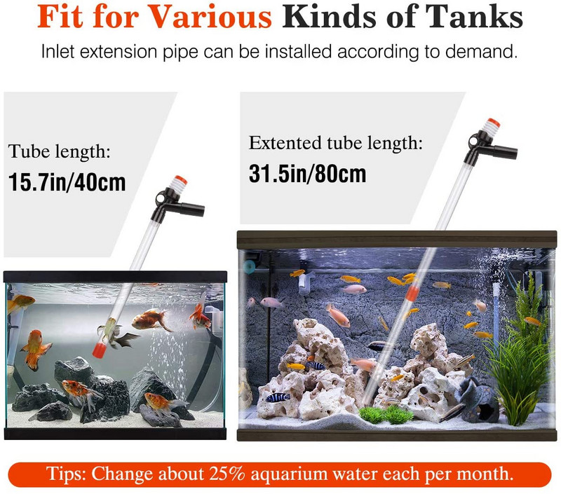 Zivju tvertņu tīrītājs, 5 in1 akvārija grants tīrītājs ūdens mainītājs ātrai ūdens maiņai/smilšu mazgāšanai/fekāliju uzsūkšanai/smilšu grābšanai