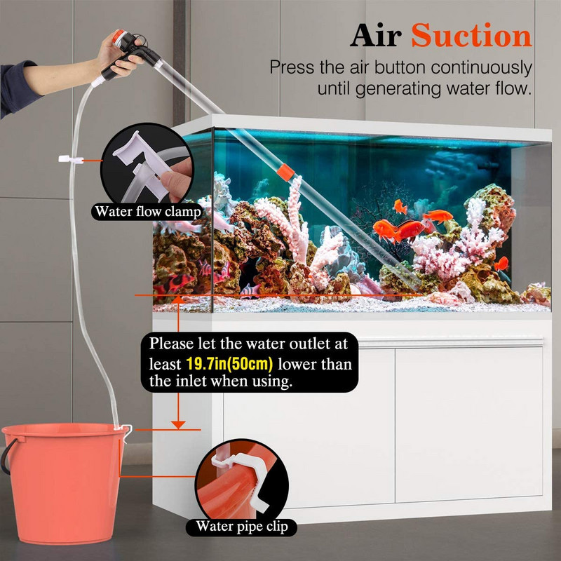 Zivju tvertņu tīrītājs, 5 in1 akvārija grants tīrītājs ūdens mainītājs ātrai ūdens maiņai/smilšu mazgāšanai/fekāliju uzsūkšanai/smilšu grābšanai