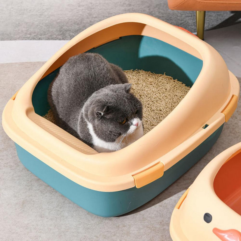 1 set poluzatvorene ladice za mačji pijesak velikog prostora u crtanom obliku Kutija za mačji pijesak s lopaticom za pijesak Potrepštine za kućne ljubimce
