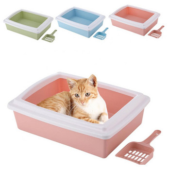 Правоъгълна полузатворена кутия за тоалетна срещу пръски за домашни котки, тоалетна тава с лъжичка