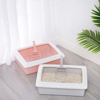 Полузатворена кутия за котешка тоалетна с голямо пространство Малка лъжица Продукти за почистване на котки Пластмасова тоалетна кутия, устойчива на пръскане Правоъгълна кутия за котешка тоалетна