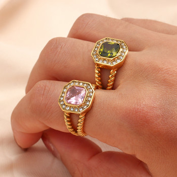 Ретро цветни AAA Цирконови кристални естетични пръстени Бижута за жени Луксозни пръстени от неръждаема стомана с позлатено завъртане на пръсти