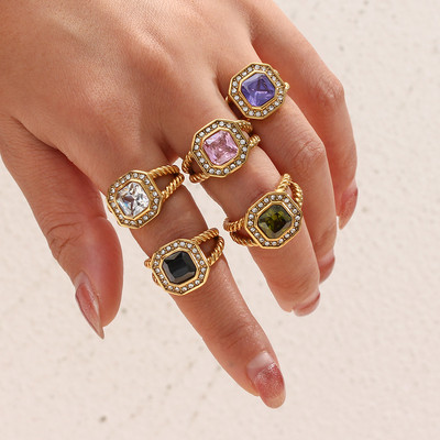Retro színes AAA cirkon kristály esztétikus gyűrűk Női ékszerek Luxus rozsdamentes acél aranyozott csavart ujjgyűrűk